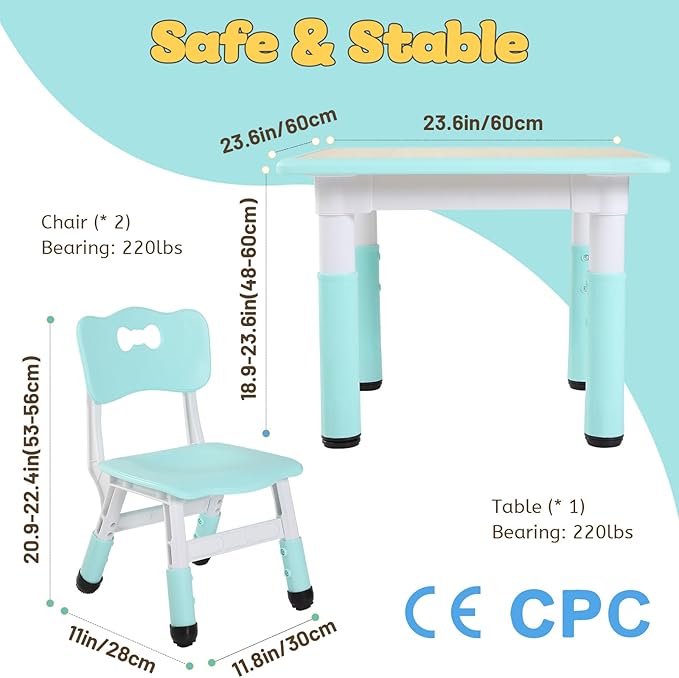 FUNLIO Kids Table and 2 Chairs Set, Height Adjustable Toddler Table and Chair Set for Ages 3-8, Easy to Wipe Arts & Crafts Table, for Classrooms/Daycares/Homes, CPC & CE Approved (3pcs Set) - Green