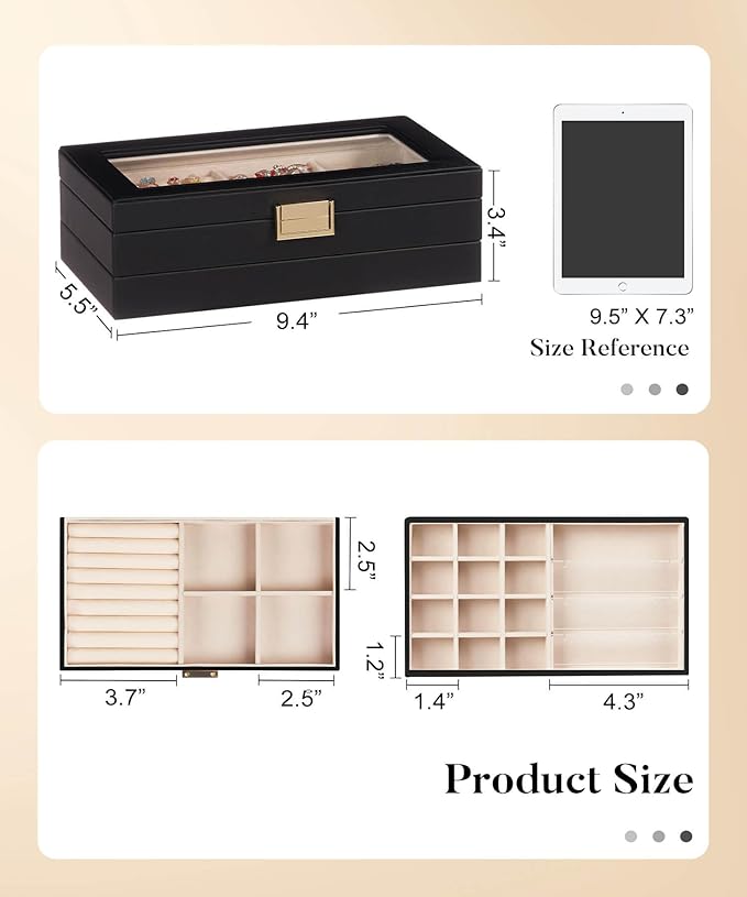 Homde Jewelry Tray Stackable Jewelry Box with Glass Lid, Removable Dividers for Vanity Table Gift Idea for Girls and Women (Black)