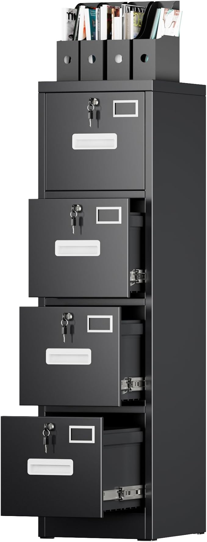 4 Drawer File Cabinet, Metal Vertical Black Filing Cabinets with Locks for Home Office with Name Card Holder for A4 /F4 Size/Letter/Legal Size, Assembly Required(Black)
