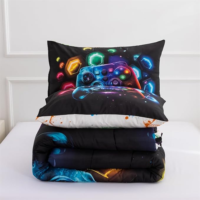 NTBED Game Console Comforter Set for Boys Girls Kids Space Universe Gaming Geometric Lightweight Microfiber Gamer Bedding Sets (Multi, Full)