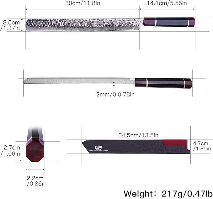 FINDKING Eternity Series Brisket Slicing Knife with ABS Sheath, Sharp Carving Knife for Meat, BBQ Must-Have, 9Cr18MoV Damascus Steel Blade, Resin Octagonal Handle, 12 Inches