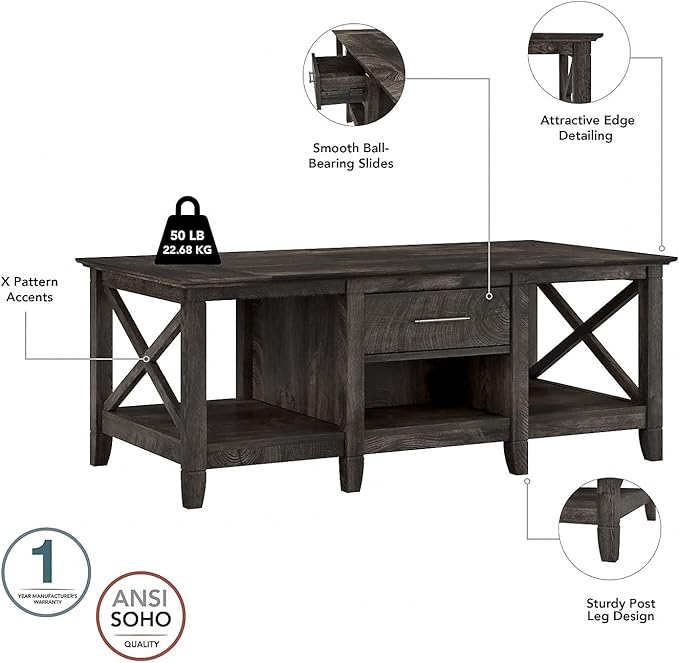 Bush Furniture Key West Coffee Table with Storage in Dark Gray Hickory