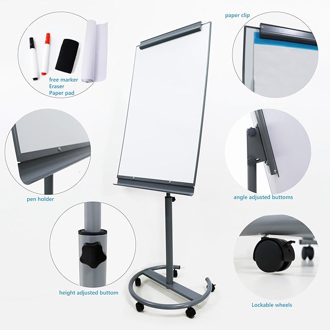 A AIRLLEN Magnetic Whiteboard Easel with Flipchart & Paper Pad – 26x40 Mobile Dry Erase Board on Wheels, Adjustable Height & Tilt for Office or Classroom