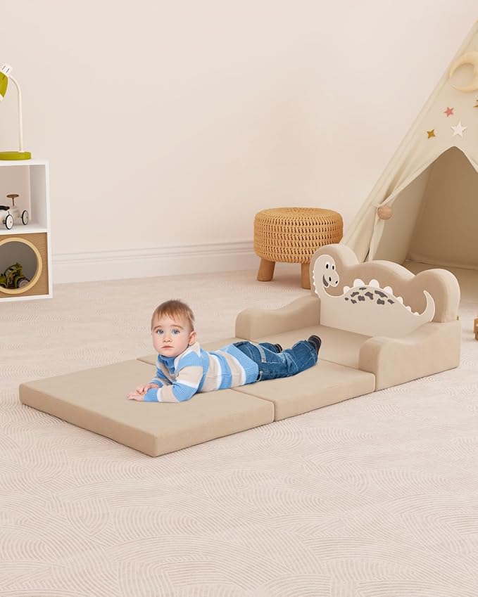 2-in-1 Kids Couch Fold Out, Convertible Toddler Couch to Lounger, Toddler Chair Comfy, Kids Sofa for Girls and Boys, Gift for Birthday, Children's Day, Dinosaur Beige