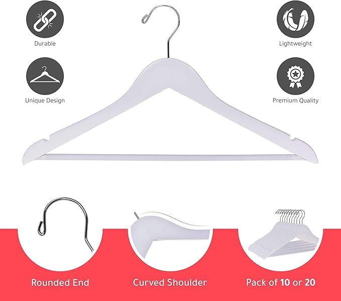 Quality Hangers Wooden - Slightly Curved Hanger 90 Pack Sets - Solid Wood Coat with Stylish Chrome Hooks - Heavy-Duty Clothes, Jacket, Shirt, Pants, Suit Hangers(White, 90), 17.5 inch, W040-30/ctn