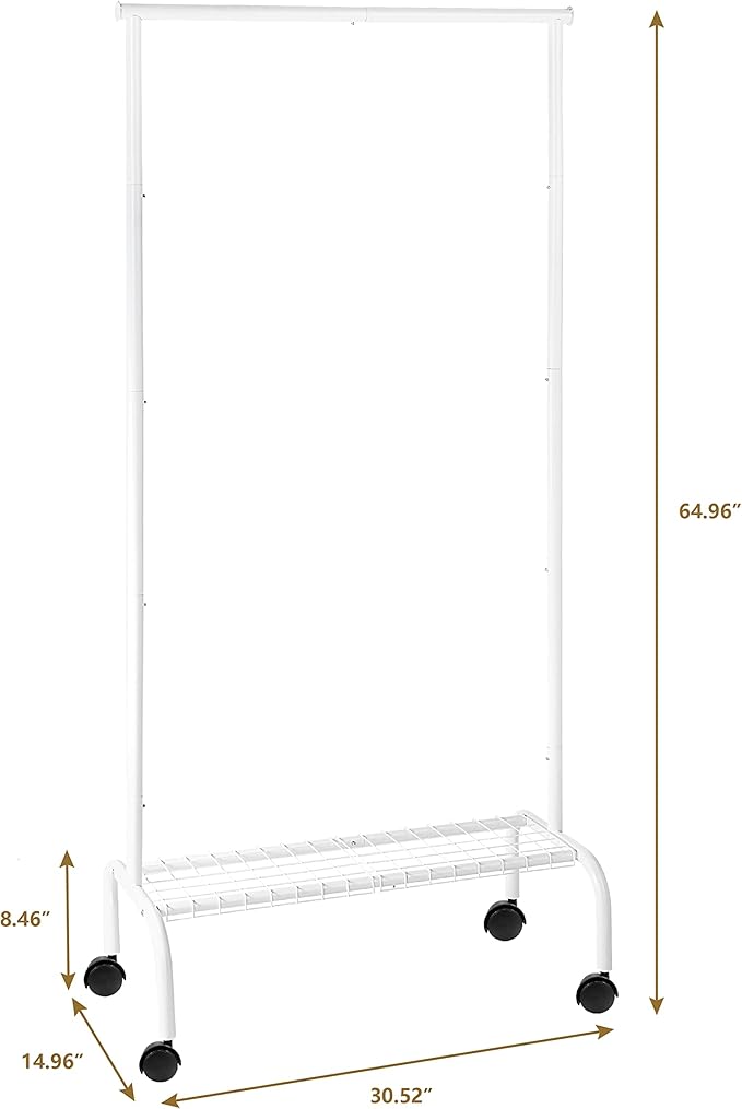 SunnyPoint Rolling Garment Rack with Shelf – Heavy-Duty Metal Clothing Rack on Wheels, 64.9” Tall Clothes Organizer with Bottom Storage, White