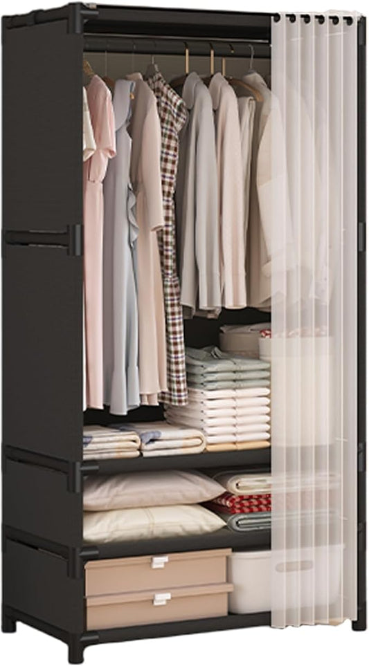 Portable Closet,Portable Closets for Hanging Clothes,Japanese Style Garment Rack with 1 Hanging Rods,2 Storage Shelves,27.5" L x 17.7" W x 65.1" H,Black