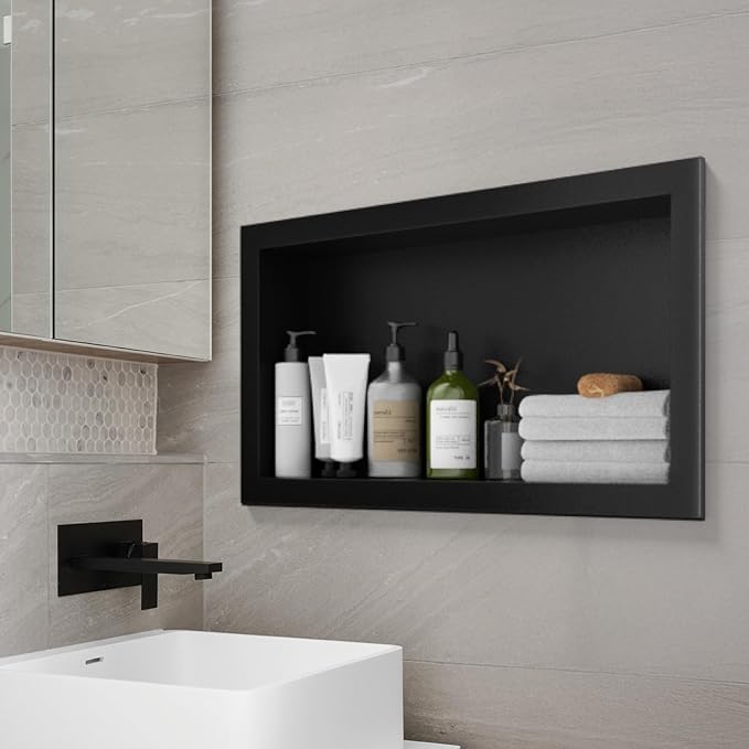 Stainless Steel Shower Niche 12" X 24",Single Shelf Niches Bathroom Shelf Recessed Wall Niche No Tile Needed Shower Shelf for Bathroom Storage (Black, 12 x 24)