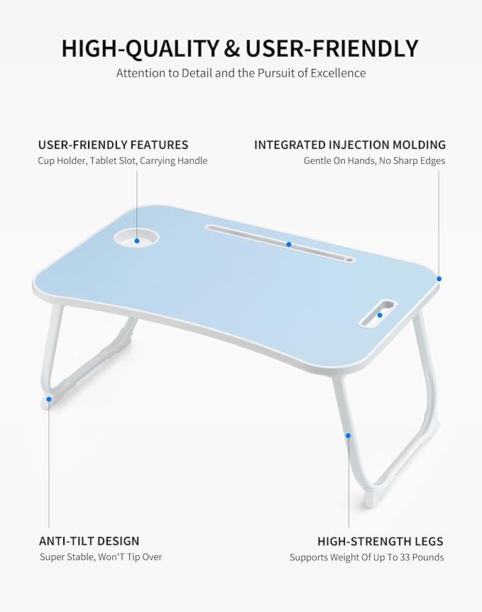 Laptop Bed Desk, Foldable Lap Table, Portable Study Table, Laptop Stand with Cup Holder & Tablet Slot & Lifting Handle for Working Writing Drawing & Eating - Baby Blue