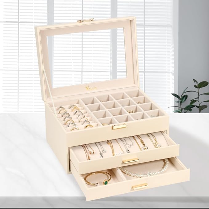 Voova Jewelry Box Organizer for Women Girls, 3 Layer PU Leather Jewelry Storage Case with Glass Lid & 2 Drawers, Large Jewellery Display Holder for Necklaces Rings Earrings Bracelets, Apricot