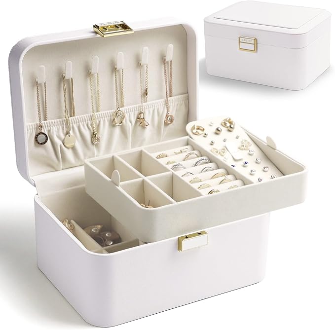 KAMIER Jewelry Box Organizer for Women,2 Layer Jewelry Organizer Boxes for Earrings Bracelets Rings Necklaces,Luxury Leather & Soft Velvet Lined,Gift Box Packaging, White