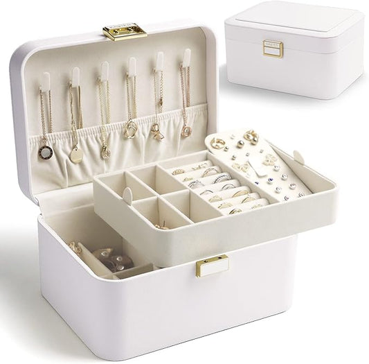 KAMIER Jewelry Box Organizer for Women,2 Layer Jewelry Organizer Boxes for Earrings Bracelets Rings Necklaces,Luxury Leather & Soft Velvet Lined,Gift Box Packaging, White