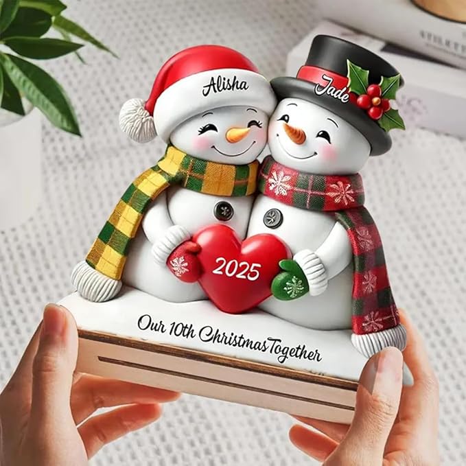 Personalized Snowman Couple Wooden Plaque,Our 10th Christmas Together, Holiday Home Decor for Wife Husband, Keepsake for Anniversary or First Christmas Together