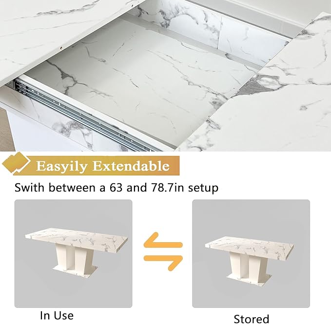 5-Piece Extendable Dining Table Set for 4-8 People 63-78 Inch Kitchen Table Set with 4 Black Upholstered Chairs Modern White Faux Marble Rectangular Dining Room Table Set for Kitchen Apartment