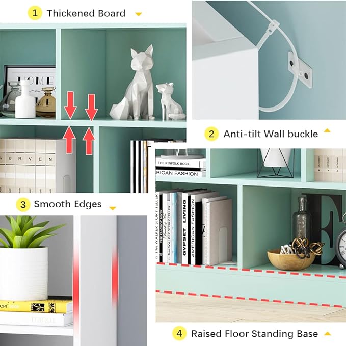 IOTXY Open Shelf Low Bookcase - Wooden 3-Tier Floor Standing Display Cabinet Organizer with Base, 8 Cubes Short Horizontal Bookshelf in Tiffany-Green