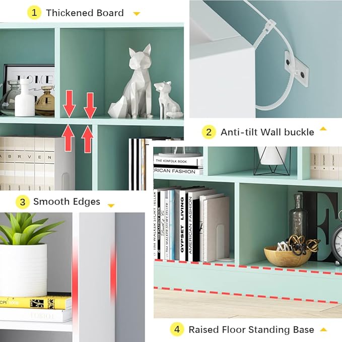 IOTXY Open Shelf Low Bookcase - Wooden 3-Tier Floor Standing Display Cabinet Organizer with Base, 5 Cubes Short Horizontal Bookshelf in Warm White