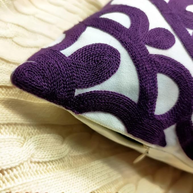 Alysheer Embroidered Decorative Throw Pillow Covers 18"x18" Set of 2 Pieces, Classic Boho Mandala Knit Pattern, Durable 100% Cotton Canvas Cushion Cases for Sofa Couch Living Room (Dark Purple)