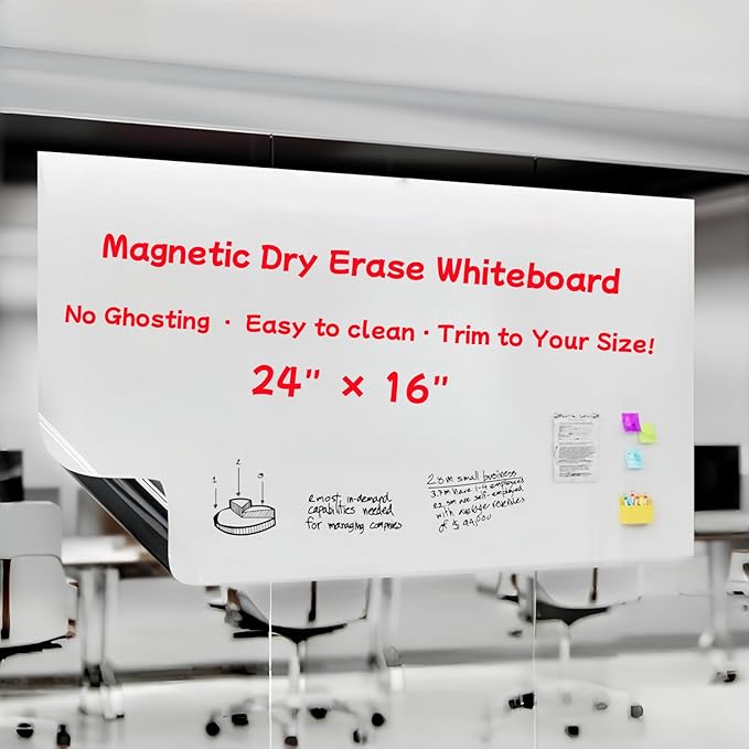 Magnetic Dry Erase Whiteboard 24"x16"- Self-Adhesive Flexible Wall Board Kit with 11 Markers, 6 Magnets, Magnetic Eraser & Holder - Ultra Smooth Writing,Effortless Clean for Office, Home, School