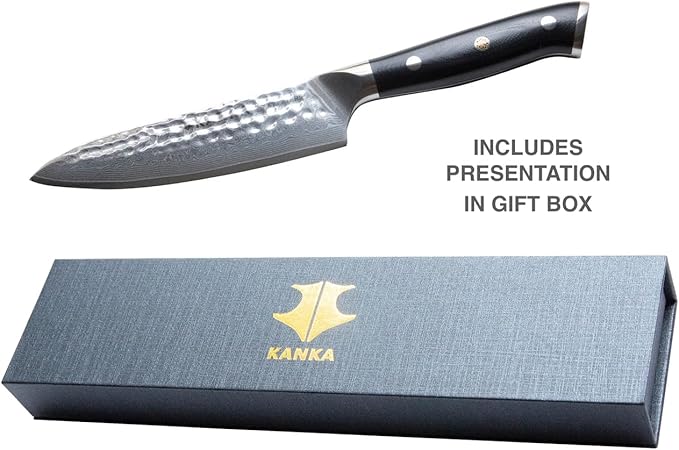 KANKA Grill 5" Damascus Steel Utility Knife - Professional 67 Layers, Hammered Finish, G10 Fiberglass Handle, Razor Sharp Kitchen Blade for Cooking, BBQ, Meat, Veggies & Slicing - Black
