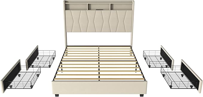 Queen Bed Frame, Velvet Upholstered LED Platform Bed with Headboard Storage, Queen Bed Built-in Charging Station with 4 Drawers, Wood Slat Support, No Box Spring Needed, Beige