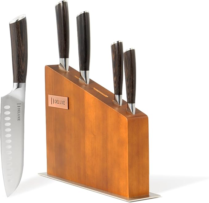 DELUXE 6 Pcs Kitchen Knife Sets, Powder Steel Forged Stainless Steel Knife Set with Block, Comes with Chef's, Santoku, Bread, Utility and Paring Knives, Ideal for All-Around Food Preparation