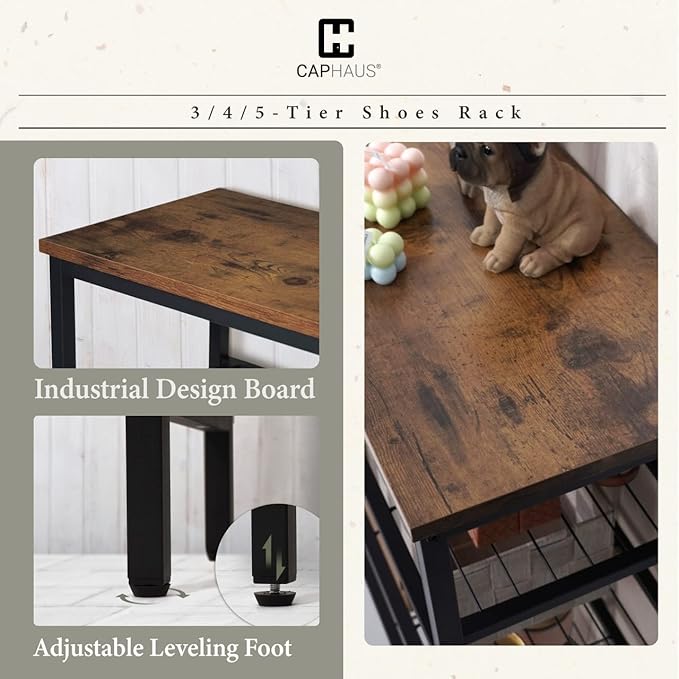 CAPHAUS 3-Tier Shoe Rack for Entryway, Mudroom Shoe Bench, Small Shoe Rack, Metal Shoe Shelf with Wood Board, Industrial Shoe Storage Table for Hallway, Living Room, Bedroom, Closet, Rustic Oak