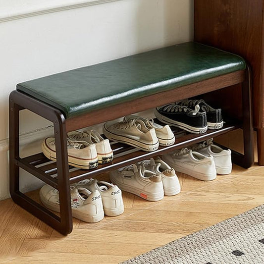 Solid Wood Bench, Entryway Shoe Rack Bench with Cushion, 2 Tier Shoe Cabinet with Bench Organizer for Hallway Living Room