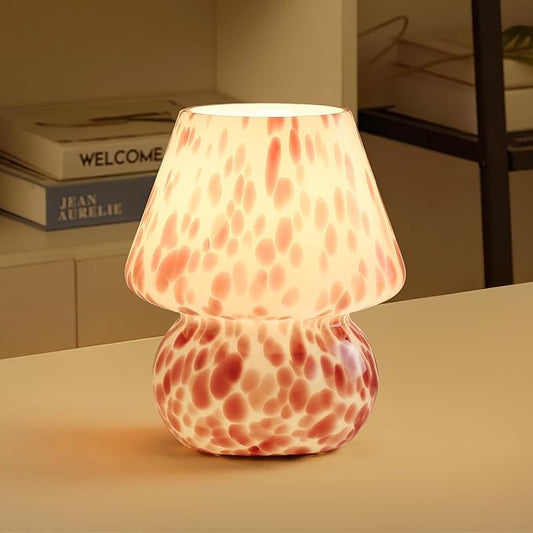 Cute Mushroom Lamp | Small Bedside Nightlight for Bedroom & Living Room | Adorable Blush Pink Translucent Glass Desk Light with E26 3000K Warm Bulb | Perfect Home Decor Gift for Girls & Women