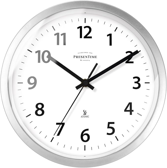 Presentime & Co 10" Atomic Wall Clock, Silent no Ticking, Automatically Sets Itself and Adjust to Daylight Saving Time by WWVB - Faux Stainless Steel Finish. (Home Office)