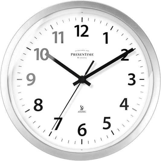Presentime & Co 10" Atomic Wall Clock, Silent no Ticking, Automatically Sets Itself and Adjust to Daylight Saving Time by WWVB - Faux Stainless Steel Finish. (Home Office)
