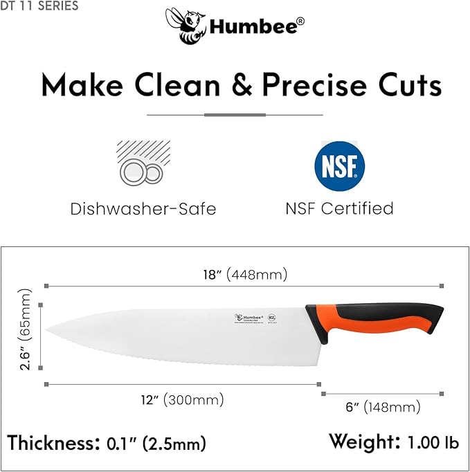 12 Inch Professional Chef Knife with Ergonomic Handle – NSF Certified Stainless Steel Kitchen Knife, Serrated Wave Teeth, Durable and Sharp Blade, DT 11 Series, Orange
