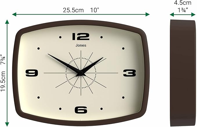 JONES CLOCKS® Movie Wall Clock | Rectangular Retro Clock | 10 inch | Mocha Brown | Cool mid-Century Designer Look for Kitchen, Living Room or Office