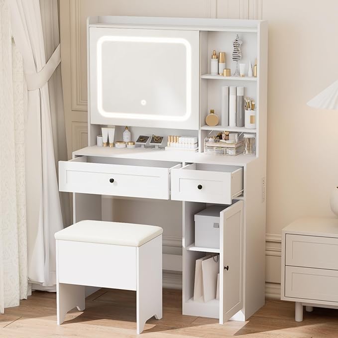 Vanity Table with Hidden Storage & LED Mirror - Includes Padded Stool, 5 Compartments, 2 Drawers & 1 Storage Cabinet - Ideal Bedroom Makeup Dressing Table White