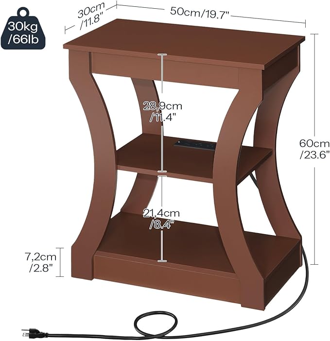 End Table with Charging Station, Side Table with USB Ports and Outlets, 3 Tier Nightstand with Storage Shelf for Small Spaces, Living Room, Bedroom, Cherry ETWA53E01