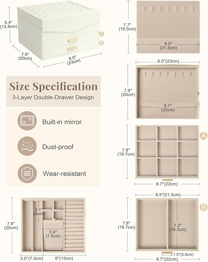 Amearea Jewelry Box Organizer for Women Girls with Mirror, 3-Layer Large Jewelry Storage Case, Synthetic Leather Jewelry Holder Organizer with Removable Tray for Necklaces Earrings Rings, White