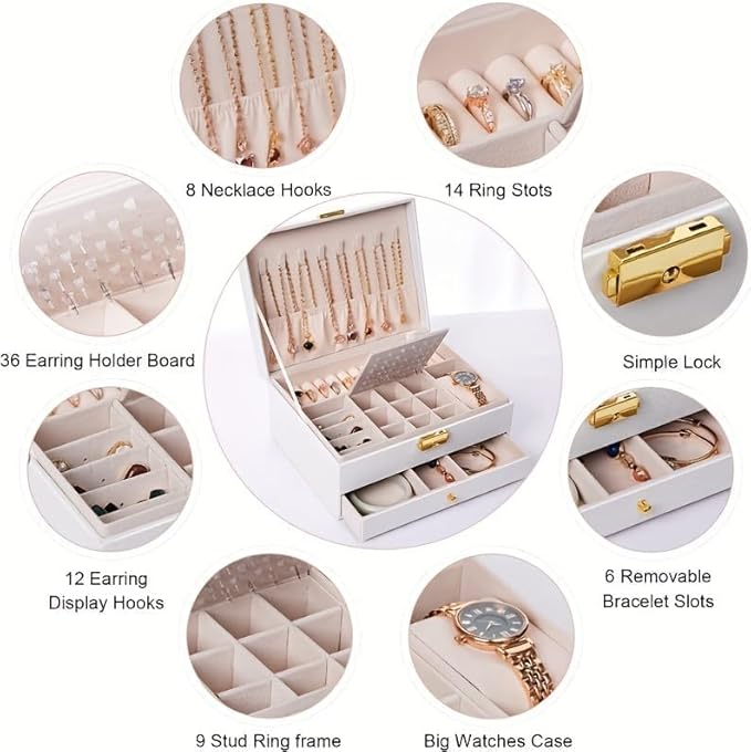 Jewelry Box for Women Girl Wife - Large PU Leather Jewelry Organizer Storage Case with Two Layers Display for Earrings Bracelets Rings Watches (White)