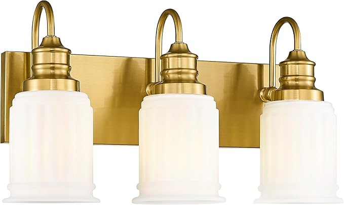 3-Light Bathroom Light Fixture, HWH Modern Vanity Light, Brushed Gold Wall Light Over Mirror, Frosted White Bell-Shaped Glass, 5HZG106B-3W BG