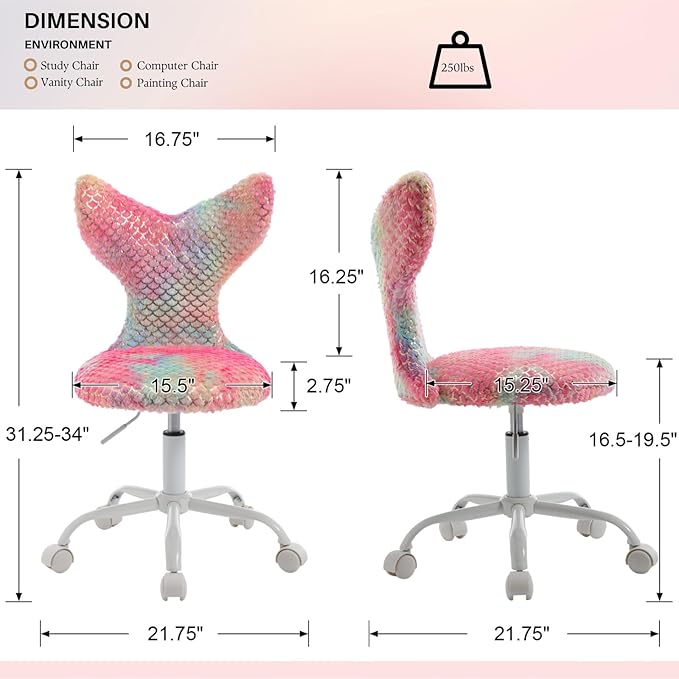 Fuzzy Desk Chair, Cute Swivel Children Desk Chair with Wheels for Kids Bedroom Upholstered Rolling Study Chair Adjustable Computer Chair Mermaid Back Vanity Chair for Teen Girls Boys, Red Colorful