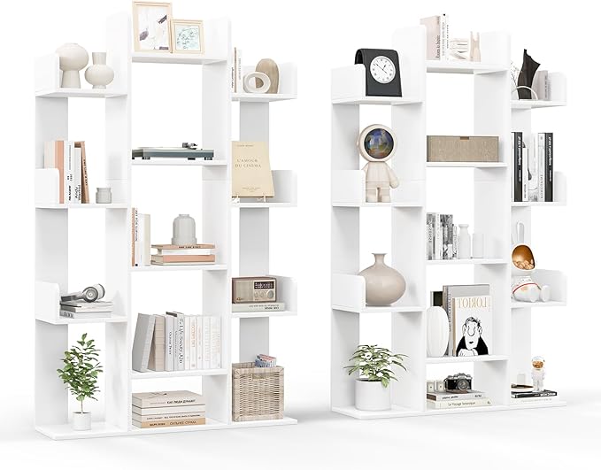 Tangkula Freestanding Tree Bookshelf, Corner Storage Organizer with 13 Open Shelves, Decorative Display Cube Shelf for Living Room, Study, Office, 34 x 9.5 x 55.5 Inch (2, White)