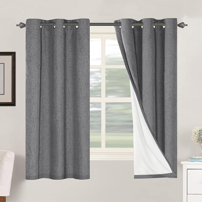 H.VERSAILTEX Primitive Linen Curtains 100% Blackout Curtain Drapes Burlap Fabric Curtains with White Thermal Insulated Liner, Grommet Top Drapes Living Room/Bedroom (2 Panels, 42 x 63 Inch, Grey)