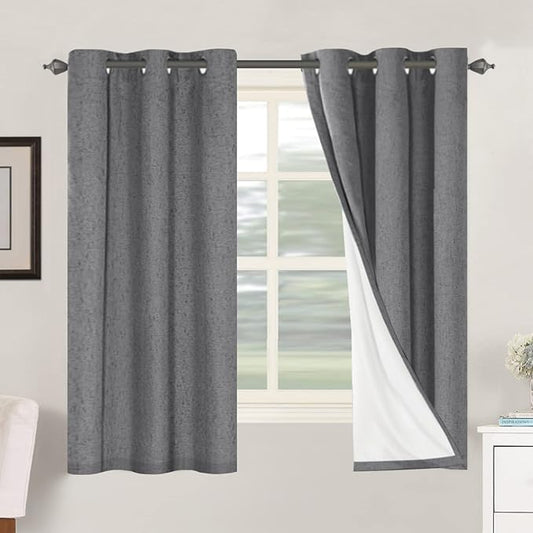 H.VERSAILTEX Primitive Linen Curtains 100% Blackout Curtain Drapes Burlap Fabric Curtains with White Thermal Insulated Liner, Grommet Top Drapes Living Room/Bedroom (2 Panels, 42 x 63 Inch, Grey)