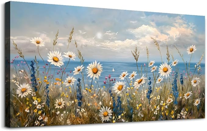 Wapluam Blue Ocean Canvas Wall Art for Living Room Wall Decor For Bedroom Bathroom Decoration Abstract Natural Seascape Painting Modern Office Wildflowers Artwork Pictures Home Decor Ready To Hang