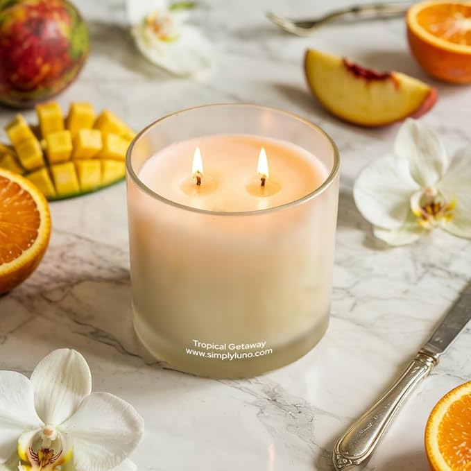 Tropical Getaway Scented Candle – 14oz Soy Wax with Coconut, Mango & Sea Salt – Summer Candle for Home – 50+ Hour Burn – Eco Friendly Gift Box in Reusable Glass Jar with Bamboo Lid
