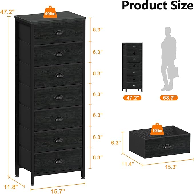 Furnulem Bedroom Dresser, Tall Chests of Drawers with 7 Fabric Bins, Black Organizer in Closet, Dorm, Living Room, Nursery, Hallyway-Storage Tower Unit, Sturdy Steel Frame