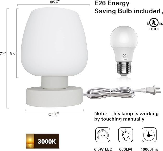 Touch Bedside Table Lamp Set of 2 - Small Modern Table Lamp for Bedroom Living Room Nightstand, 3-Way Dimable Desk lamp with White Opal Glass Lamp Shade, 2700K LED Bulb, Simple Design Home Decor
