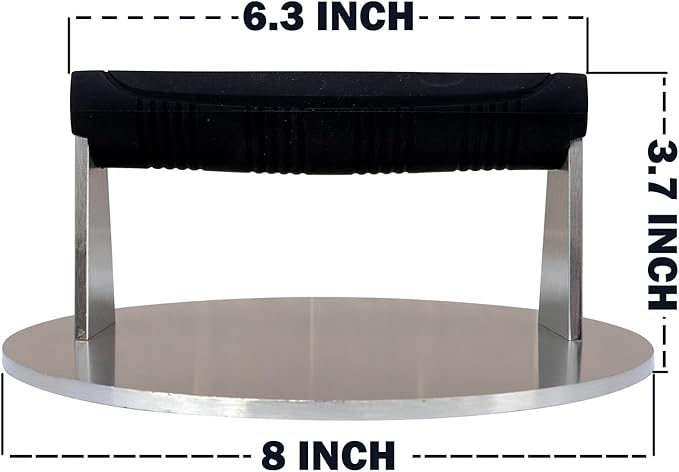 Stainless Steel Burger Smasher 3.25 LB – 8 Inch Steak Weight for Smash Burgers, Bacon, Sandwiches | Dishwasher Safe, Preheatable Protein Press with Silicone Handle | Commercial BBQ Tool