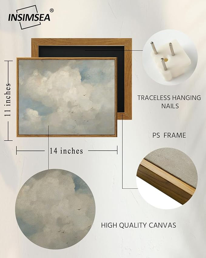 InSimSea Framed Canvas Wall Art Vintage Decor, Home Decor Classical Oil Paintings Sky Cloud Bird Canvas Prints, Vintage Landscape Wall Art for Bedroom Living Room Bathroom Home Office Decor, 11"x14"