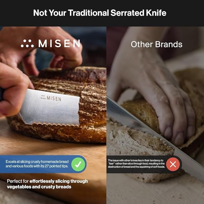 Misen Serrated Bread Knife – High-Carbon Japanese AUS8 Steel – Effortless Slicing of Bread, Pastries, and Fruits – Razor-Sharp Edge and Durable Blade with Ergonomic Handle - 8", Red