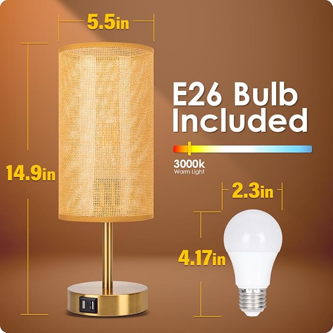 Yarra-Decor Bedside Lamp with USB Port - Touch Control Table Lamp for Bedroom Wood 3 Way Dimmable Nightstand Lamp with Round Flaxen Fabric Shade for Home Office (LED Bulb Included) (Y - NET)