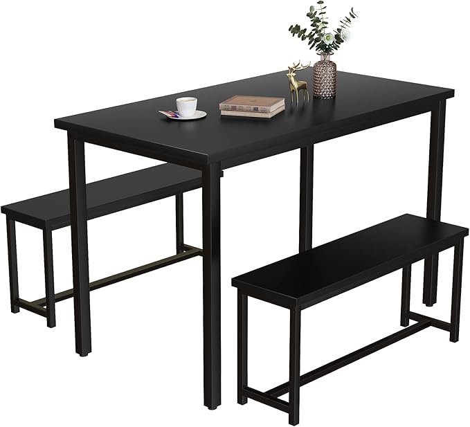 Recaceik 47” Dining Table Set with Benches, 3 Pieces Dining Room Table Set for 4, Wood Kitchen Table and Chair Set with Sturdy Frame, Space Saving Dinette Set for Breakfast Nook, Dining Room, Black
